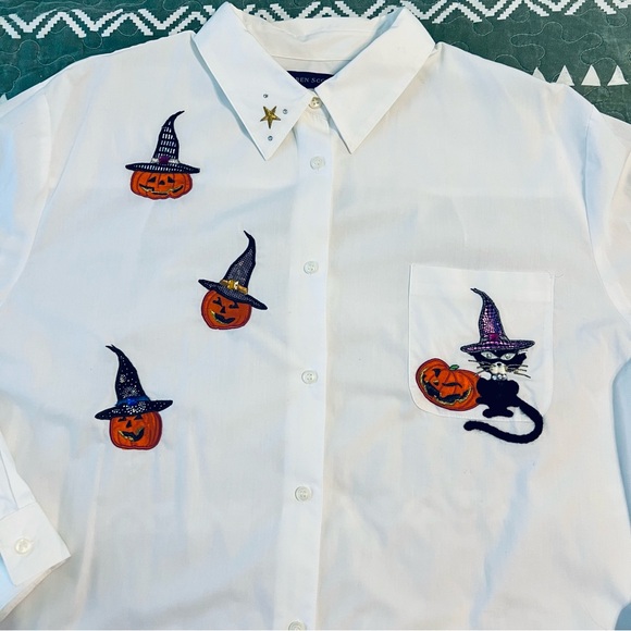 Vintage Karen Scott Halloween Themed Embroidered White Button Down Shirt XL - Picture 2 of 9